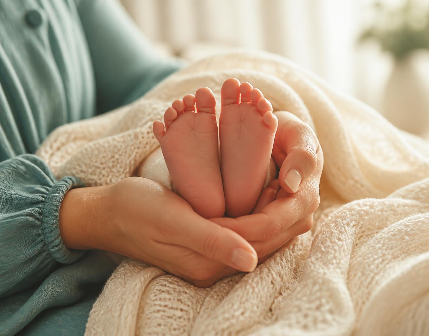 A mother's hands gently cradling her newborn baby's feet in a cream knit blanket